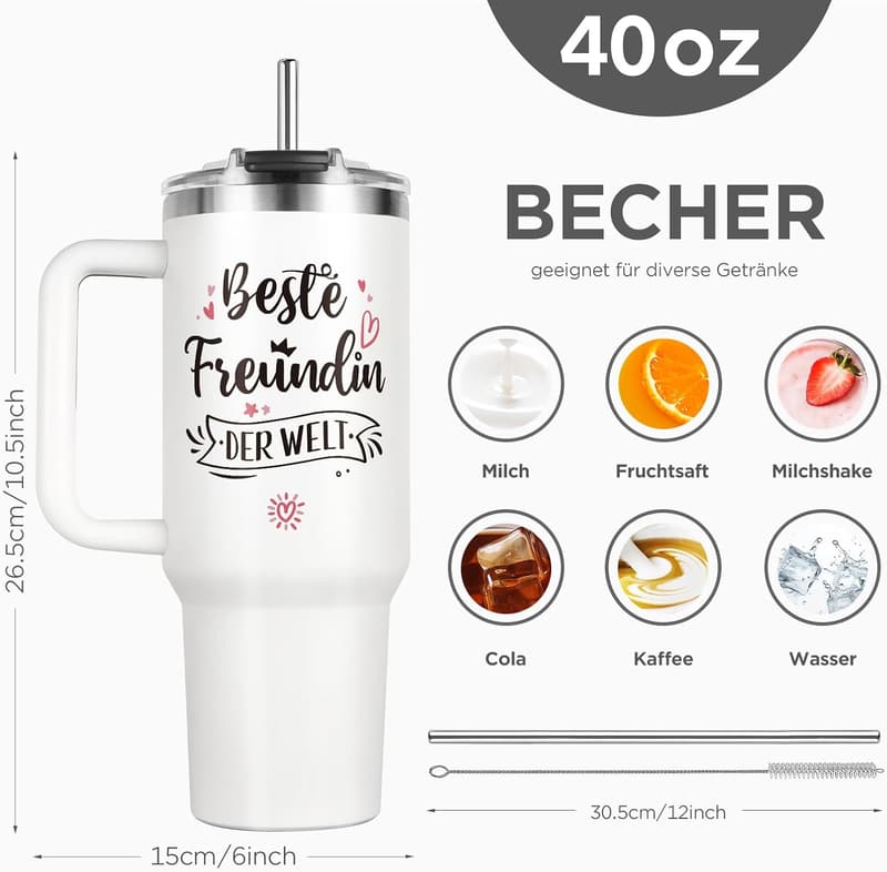 Thermobecher für die beste Freundin zum Geburtstag, 40 OZ mit Deckel und Strohhalm