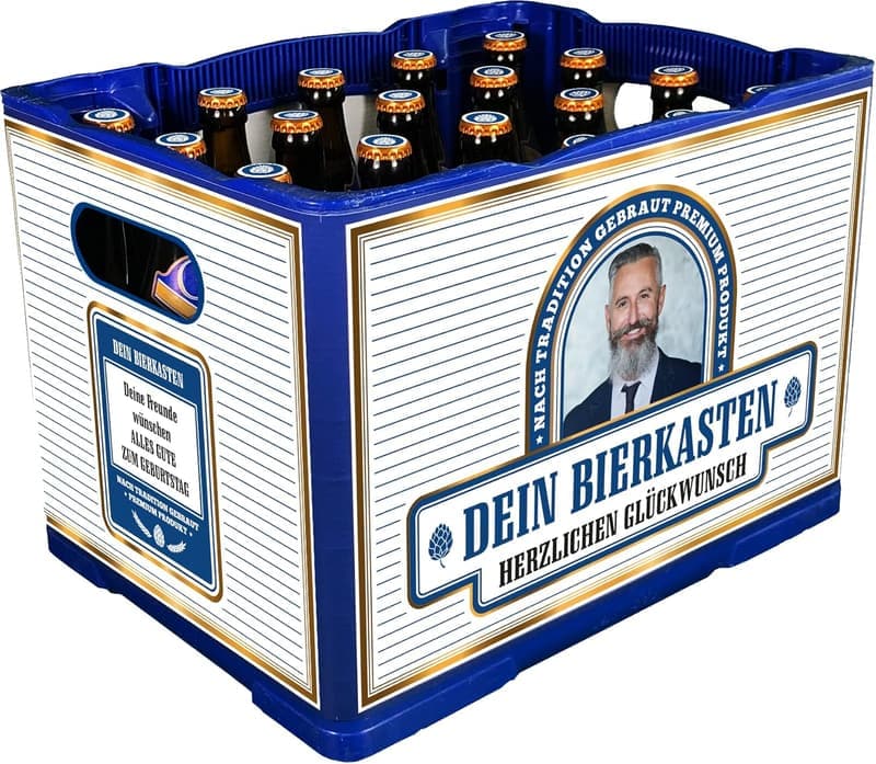 Personalisierte Bierkasten-Banderole mit Foto & Text (Blau)