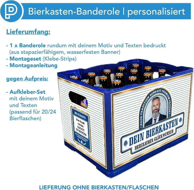 Personalisierte Bierkasten-Banderole mit Foto & Text (Blau)