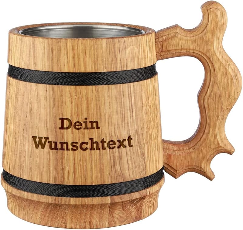 Personalisierter Bierkrug aus Echtholz - 500 ml - Geschenk für Bierliebhaber