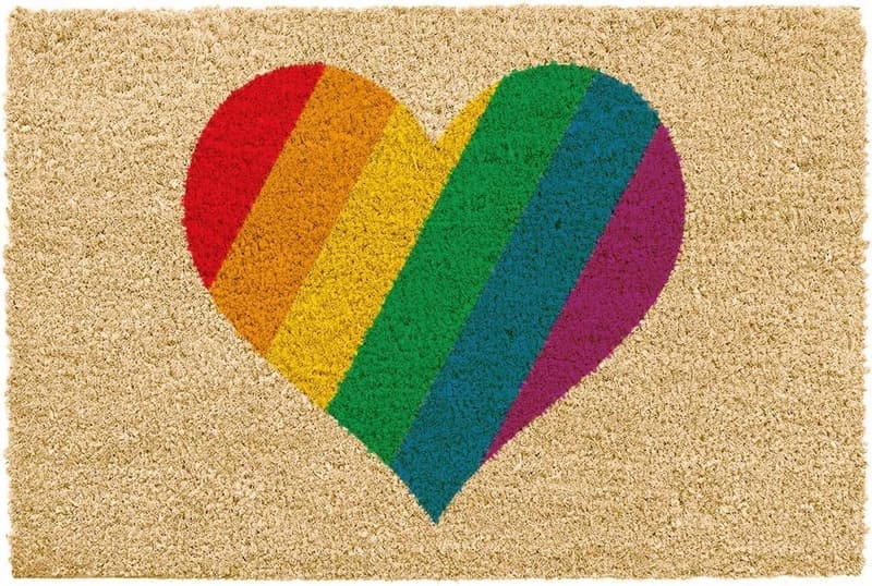 Regenbogen-Herzfußmatte aus Kokosfaser mit rutschfester Unterseite