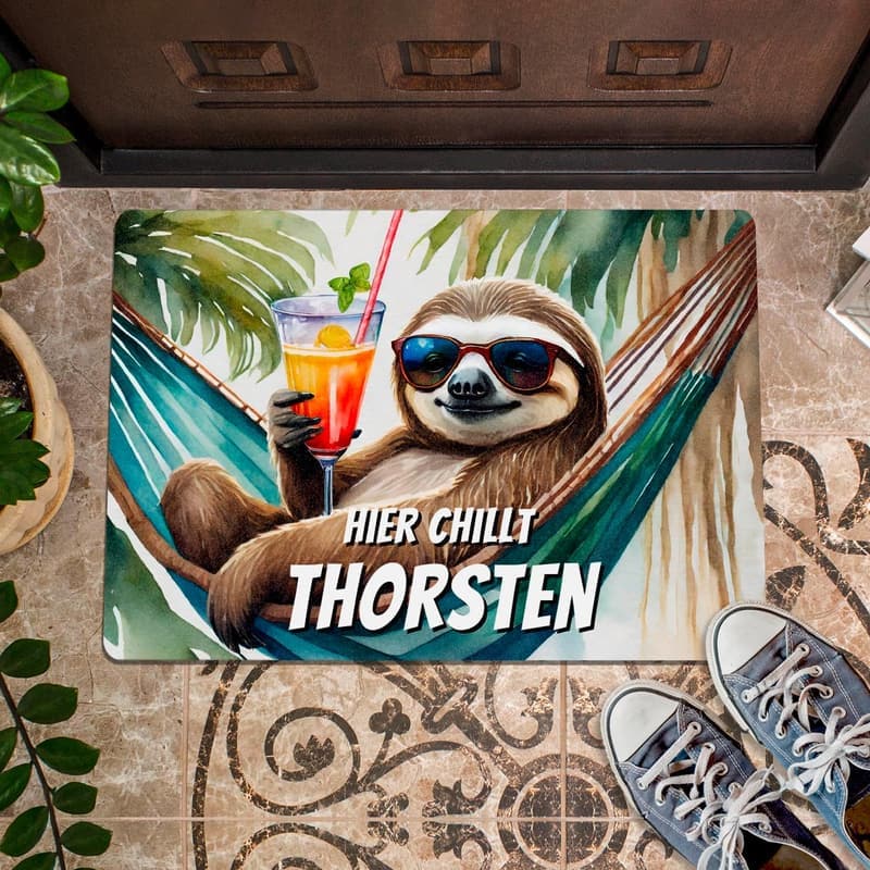 Personalisierte Fußmatte Faultier 60 x 40 cm – Einzugsgeschenk sommerlich bunt