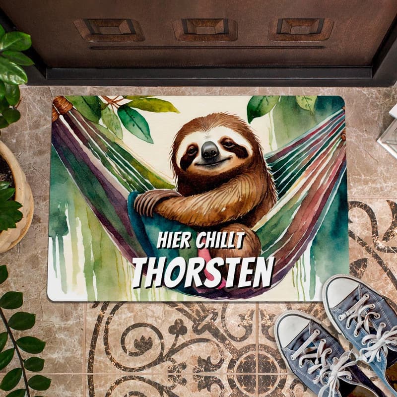 Personalisierte Fußmatte Faultier 60 x 40 cm – Einzugsgeschenk sommerlich bunt