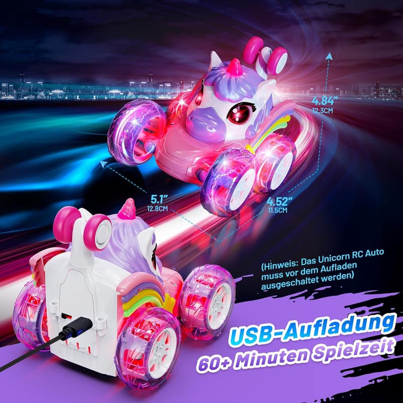 Einhorn Ferngesteuertes Auto für Mädchen ab 3 Jahren, 360° Stuntauto mit LED