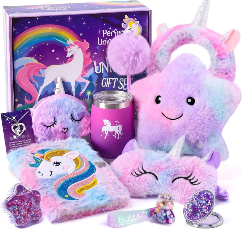 Einhorn-Geschenkset für Mädchen 6-10 Jahre: Kuscheltier, Kissen, Trinkflasche