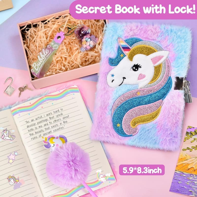 Einhorn-Geschenkset für Mädchen 6-10 Jahre: Kuscheltier, Kissen, Trinkflasche