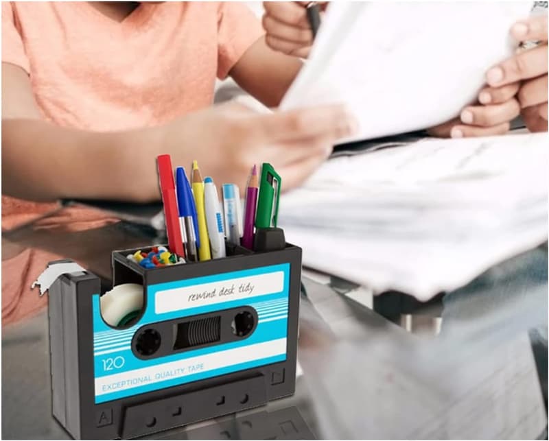 Retro Kassetten Klebebandabroller mit Stifthalter für Bürogeschenke