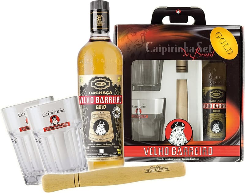 Velho Barreiro Gold Set: 1 Flasche, 2 Gläser & 1 Stampfer