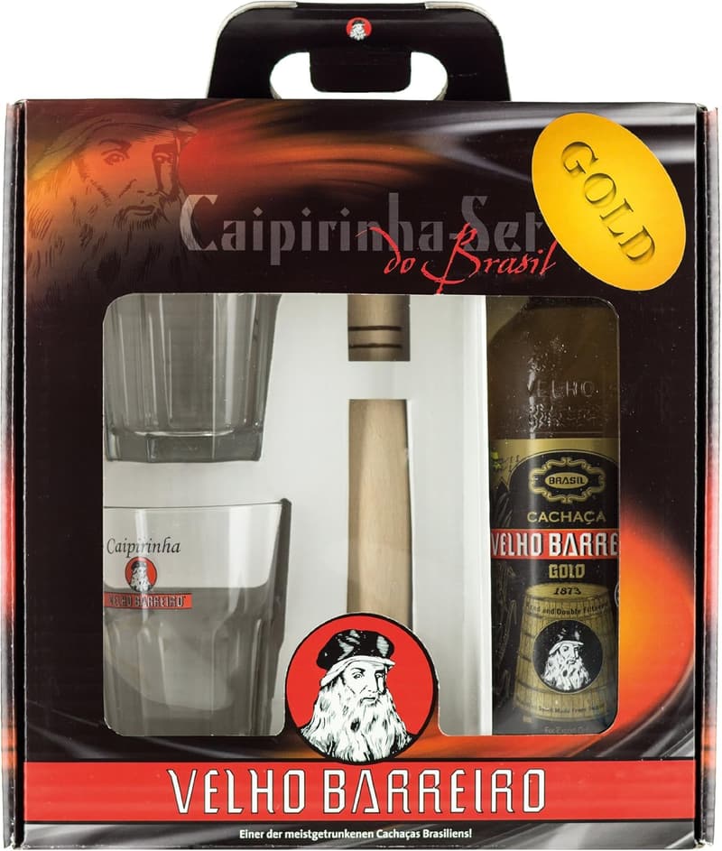 Velho Barreiro Gold Set: 1 Flasche, 2 Gläser & 1 Stampfer
