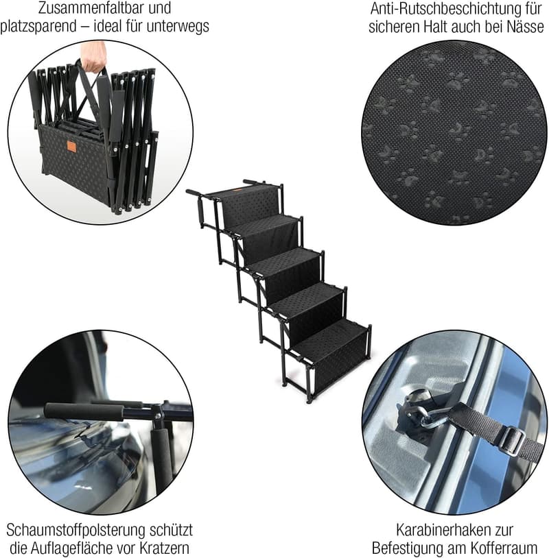 Gelenkschonende Hundetreppe – Faltbare Einstiegshilfe mit 5 Stufen