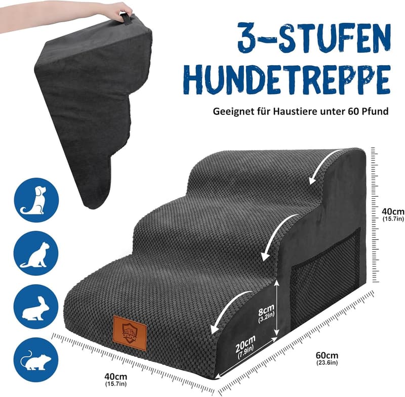 Hundetreppe mit 3 Stufen – rutschfest, waschbar und tragbar für kleine Hunde