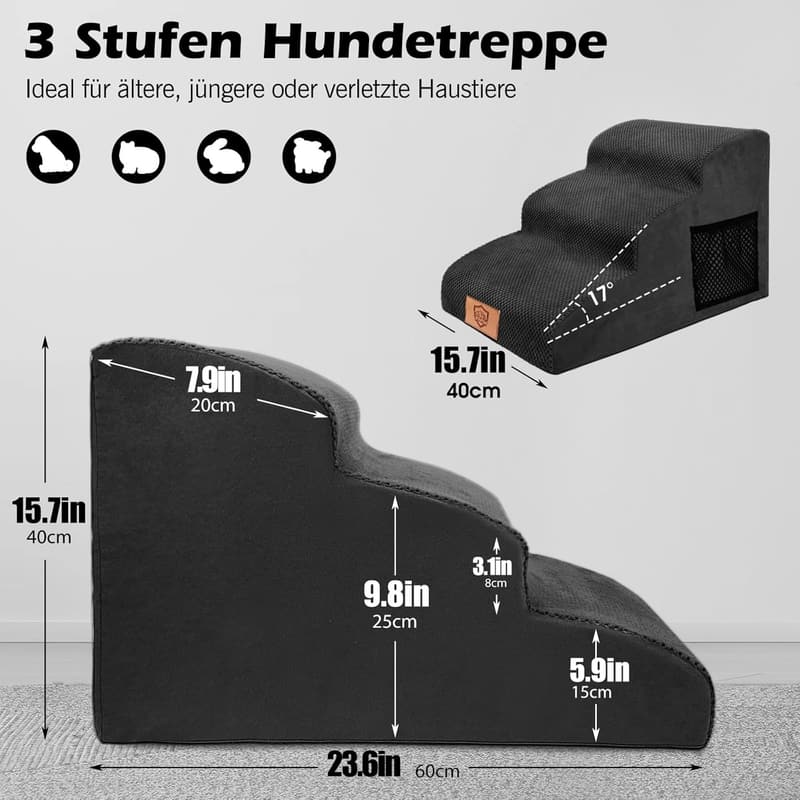 Hundetreppe mit 3 Stufen, rutschfest, waschbarer Plüschbezug, schwarz