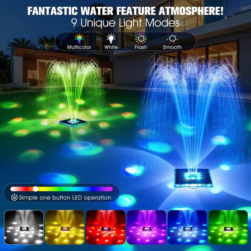 Solarbetriebenes Springbrunnen-Set mit LED-Lichtshow für Pool und Teich