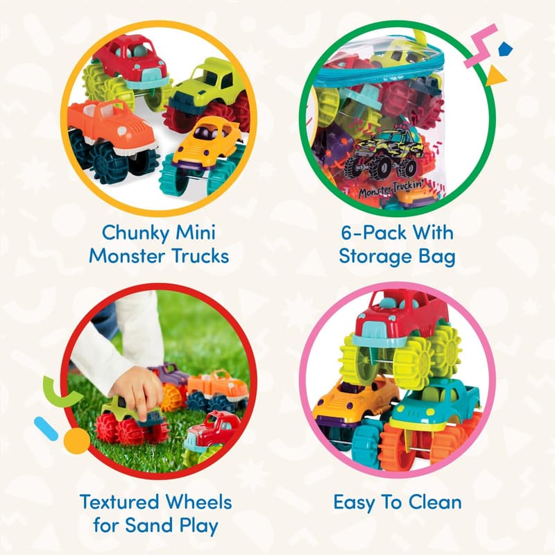 Battat Mini Monster Trucks – 6-teiliges Set mit Tragetasche für Kinder ab 2 Jahren