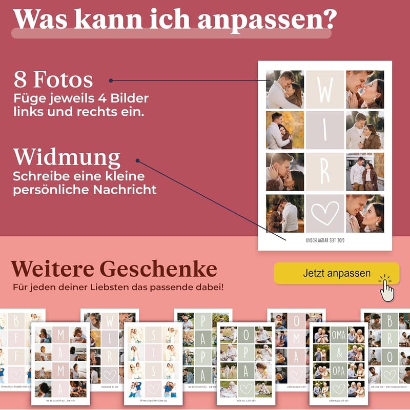 Personalisierte Fotocollage mit 8 Bildern – Geschenk für Paare zum Jahrestag