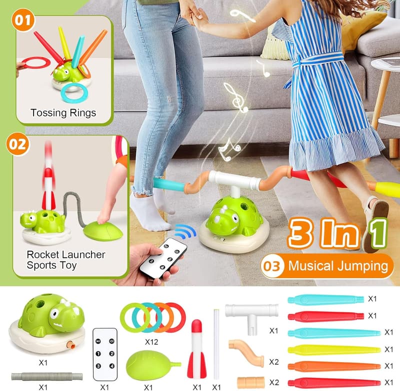 3-in-1 Outdoor Spielzeug für Kinder: Ringwurf, Seilspringmaschine & Schaumraketen