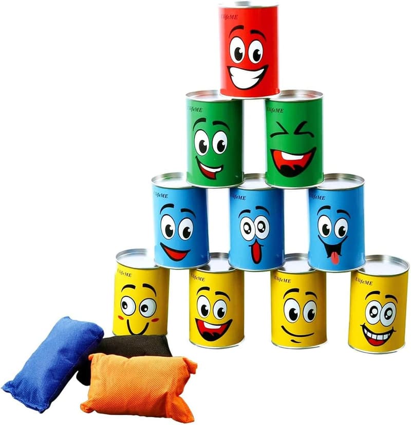Dosenwerfen Spielset für Kindergeburtstag – 10 Lächeldosen & 3 Wurfsäckchen