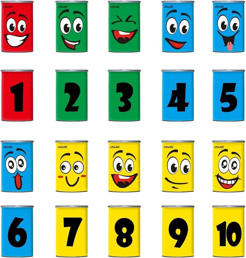 Dosenwerfen Spielset für Kindergeburtstag – 10 Lächeldosen & 3 Wurfsäckchen