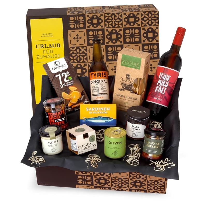 Gourmet-Geschenkkorb mit Sangría und mediterranen Leckereien