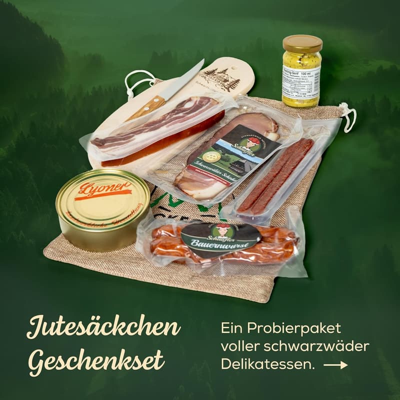 Rustikales Vesperbrett im Jutesäckchen - 8-teiliges Geschenkkorbset