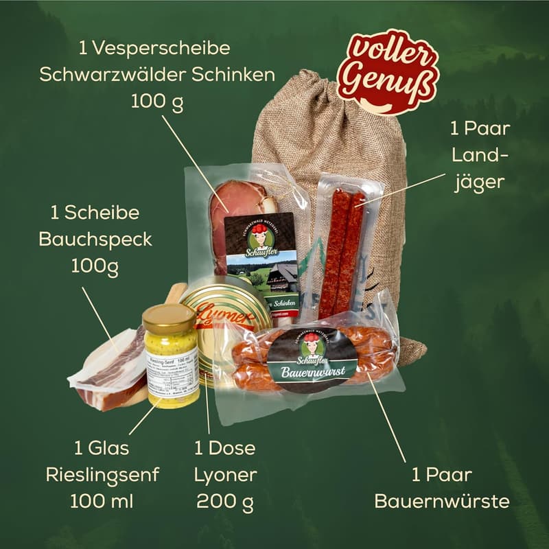 Rustikales Vesperbrett im Jutesäckchen - 8-teiliges Geschenkkorbset