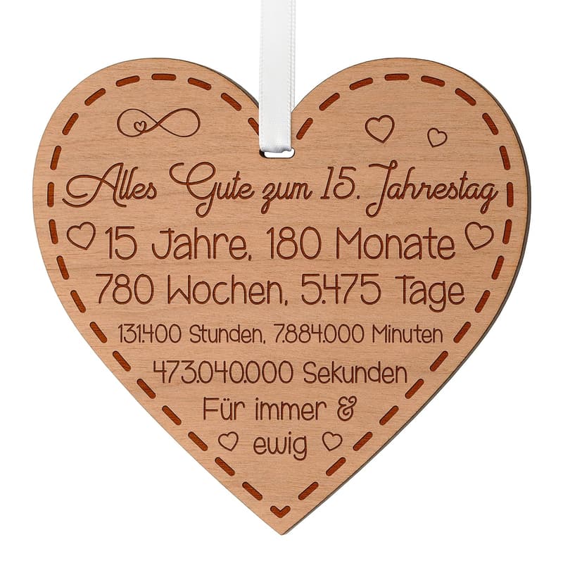 15. Jahrestag Geschenk: Holzherz mit Gravur für Paare