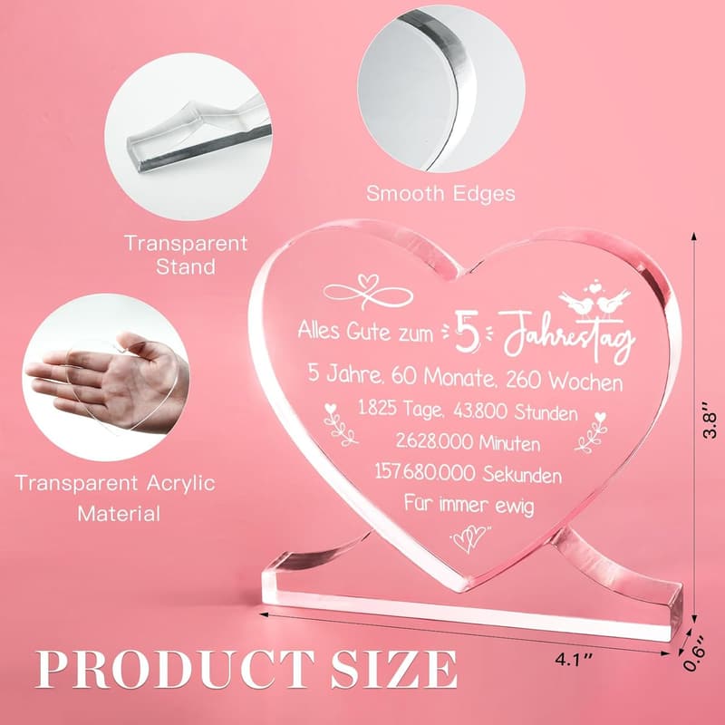 5. Hochzeitstag: Herzförmige Acryl-Dekoration für Paare