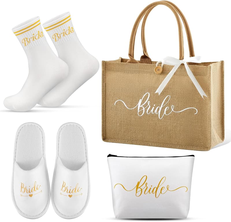 Junggesellenabschied Accessoires Set für die Braut – Jute Tasche, Socken und Pantoffeln