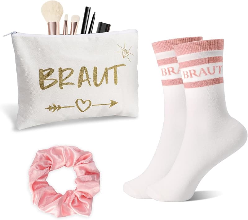 Rosa Braut Geschenke Set für Junggesellenabschied mit Socken, Make-up Tasche und Haargummis