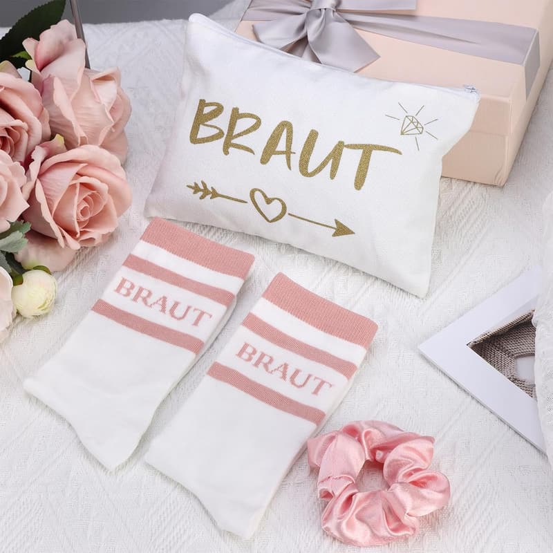 Rosa Braut Geschenke Set für Junggesellenabschied mit Socken, Make-up Tasche und Haargummis