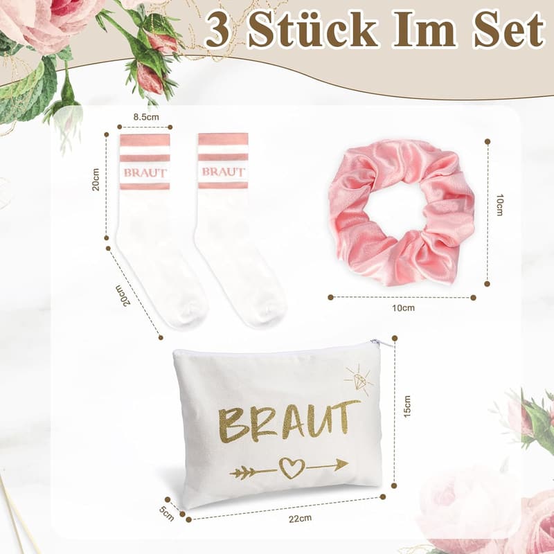 Rosa Braut Geschenke Set für Junggesellenabschied mit Socken, Make-up Tasche und Haargummis