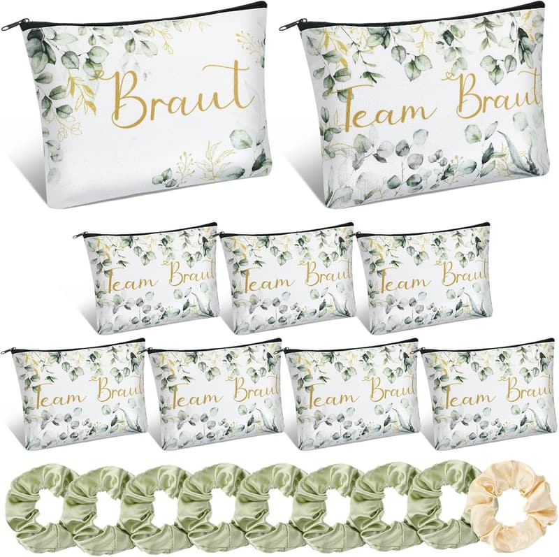 Junggesellenabschied Geschenkset: Braut Haargummis & Make-up Tasche (Grün)