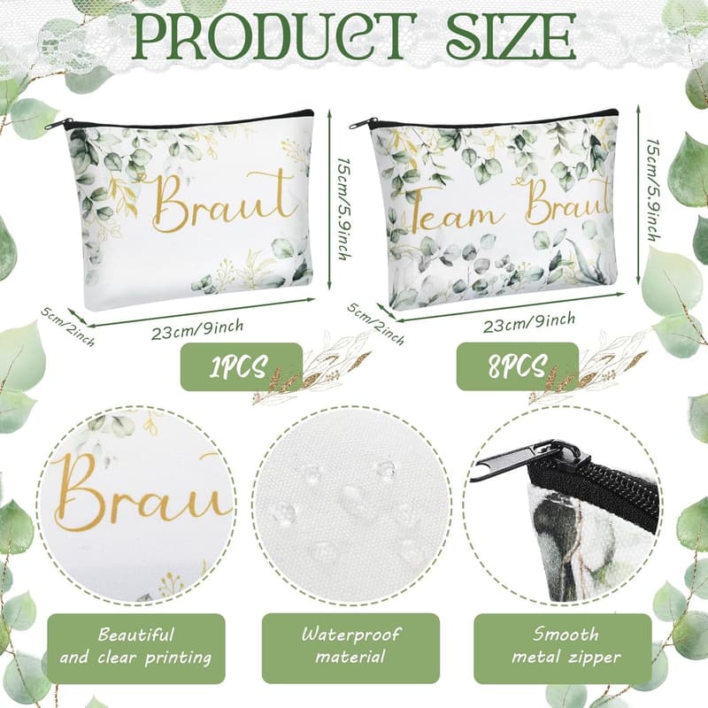 Junggesellenabschied Geschenkset: Braut Haargummis & Make-up Tasche (Grün)
