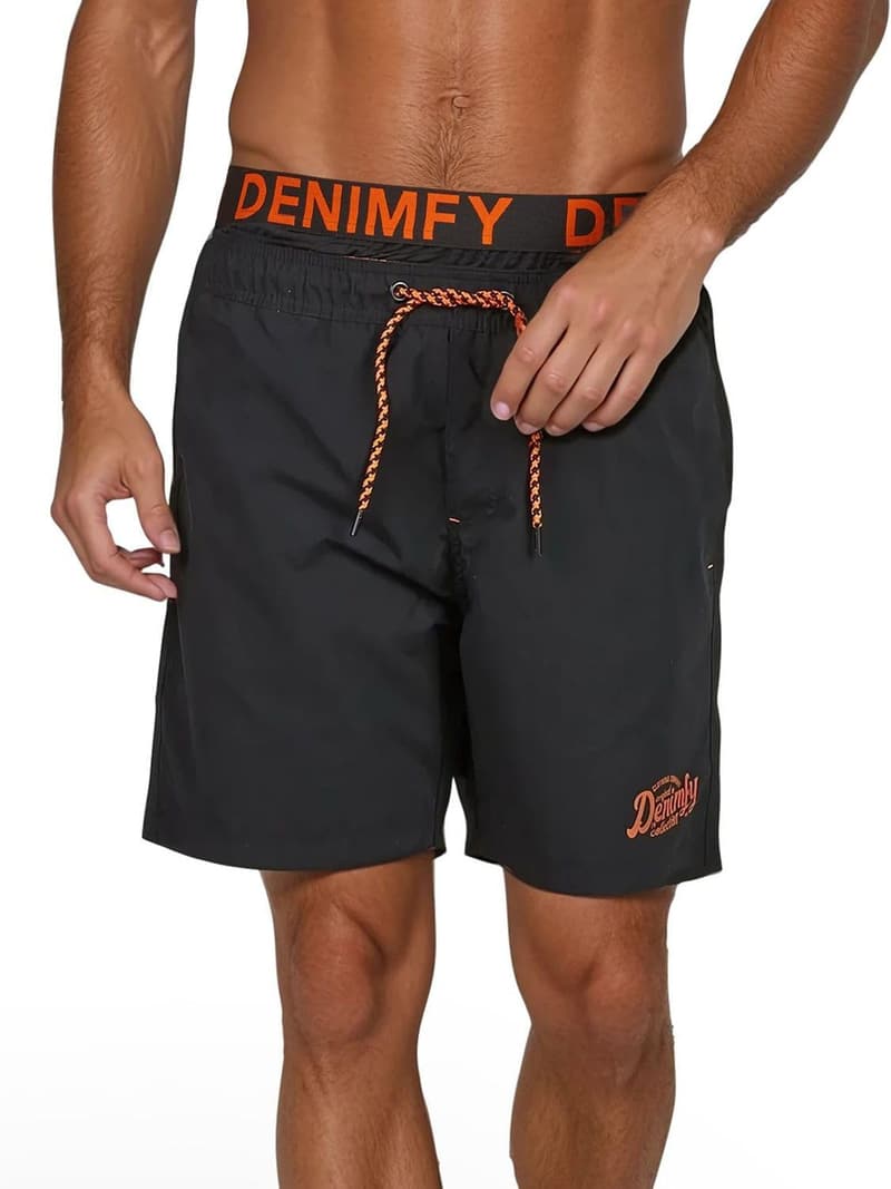 Badehose Herren mit doppeltem Bund - Schwarz Blau Orange Druck