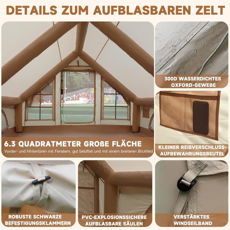 Aufblasbares Glamping-Zelt für 2-4 Personen, wasserdicht und winddicht