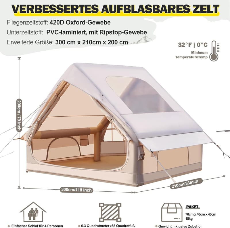 Aufblasbares Campingzelt für 2-10 Personen, wasserdicht, mit Kaminöffnung