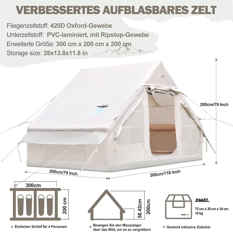 Aufblasbares 4-Jahreszeiten-Zelt für 2-8 Personen mit Kaminöffnung