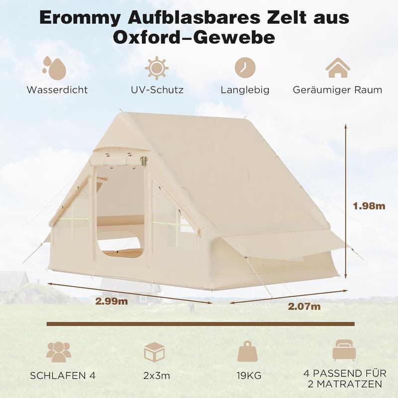 EROMMY Luftzelt für 4 Personen mit großem Vordach – Schnellaufbau