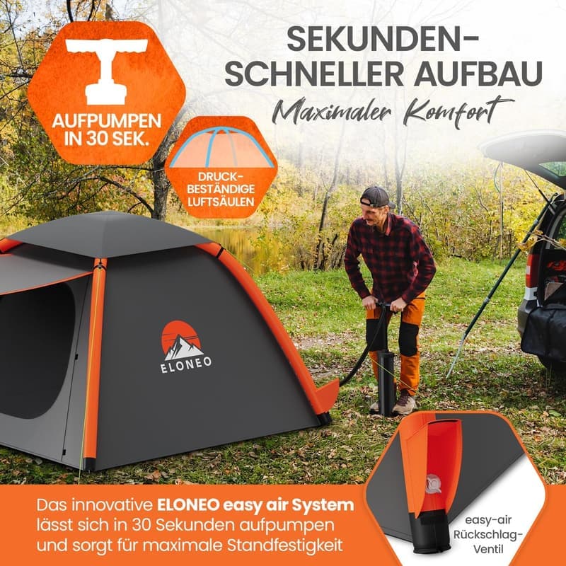 Aufblasbares Campingzelt mit Vordach und Luftpumpe, ultraleicht und wasserdicht