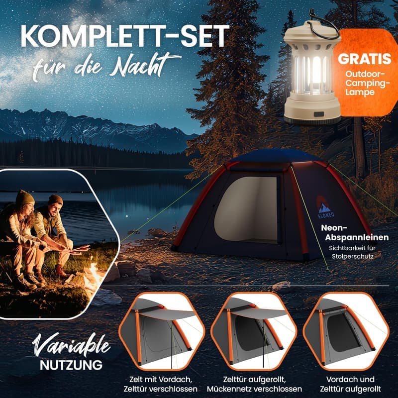Aufblasbares Campingzelt mit Vordach und Luftpumpe, ultraleicht und wasserdicht