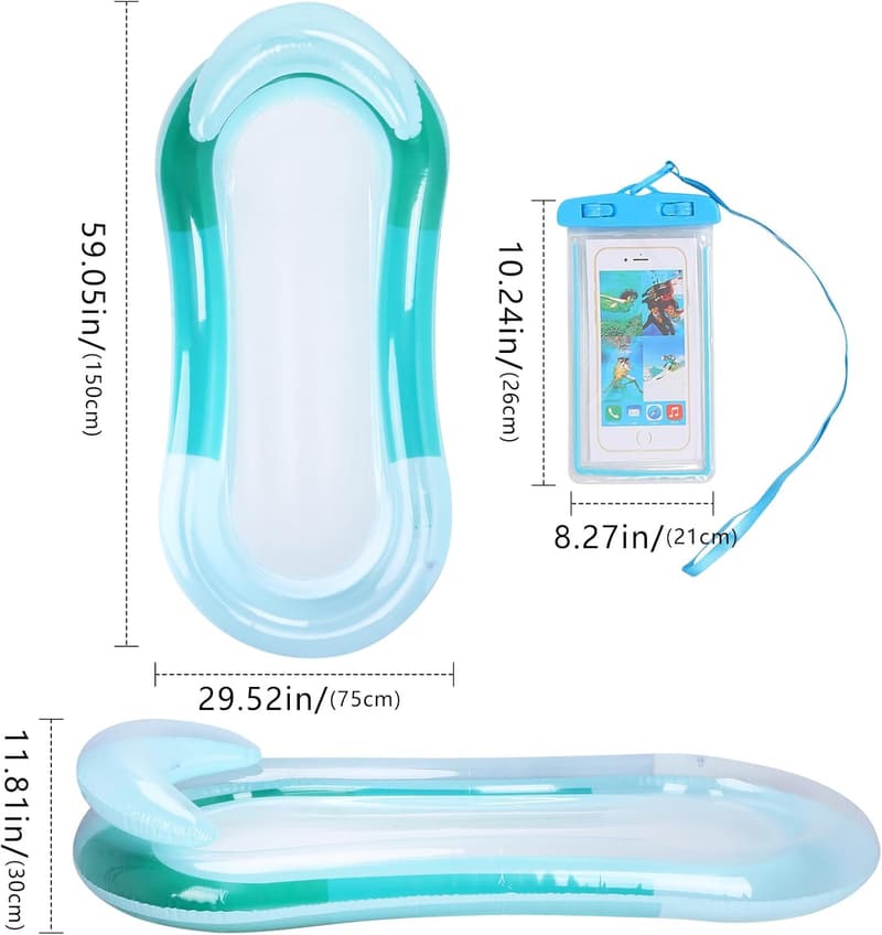 Aufblasbare Wasserliege mit Kopfstütze und wasserdichter Handytasche 150x75 cm