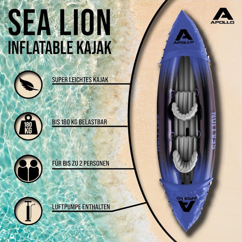 Apollo Kajak Sea Lion | Aufblasbares Kajak für 2 Personen, 312 x 91 cm, stabil und bequem