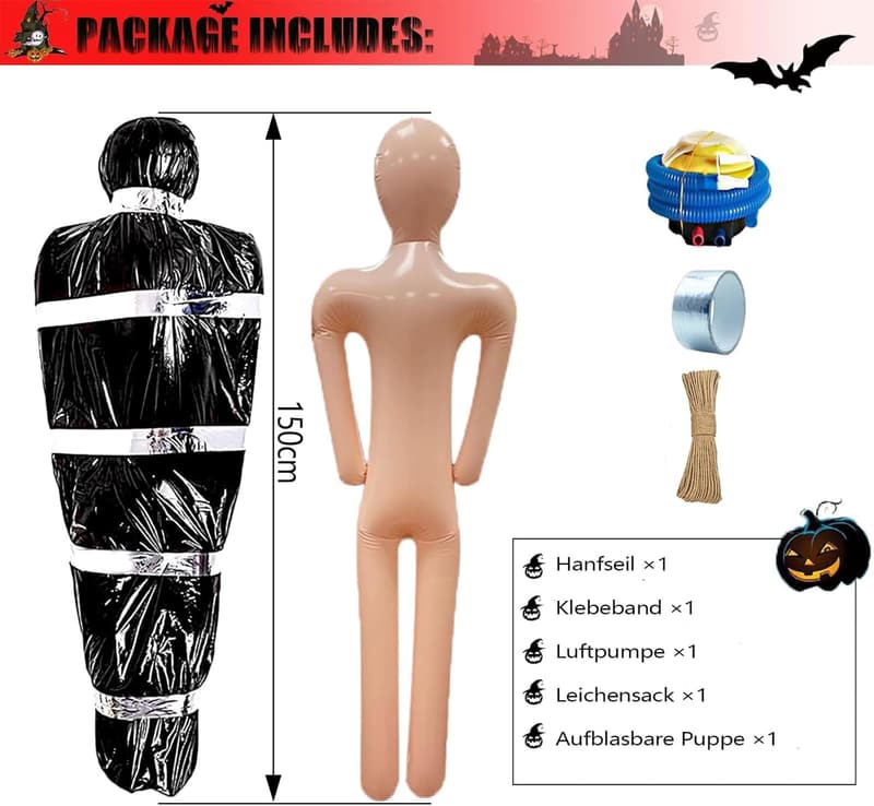 Halloween Aufblasbarer Leichensack mit Hanfseil und Pumpe