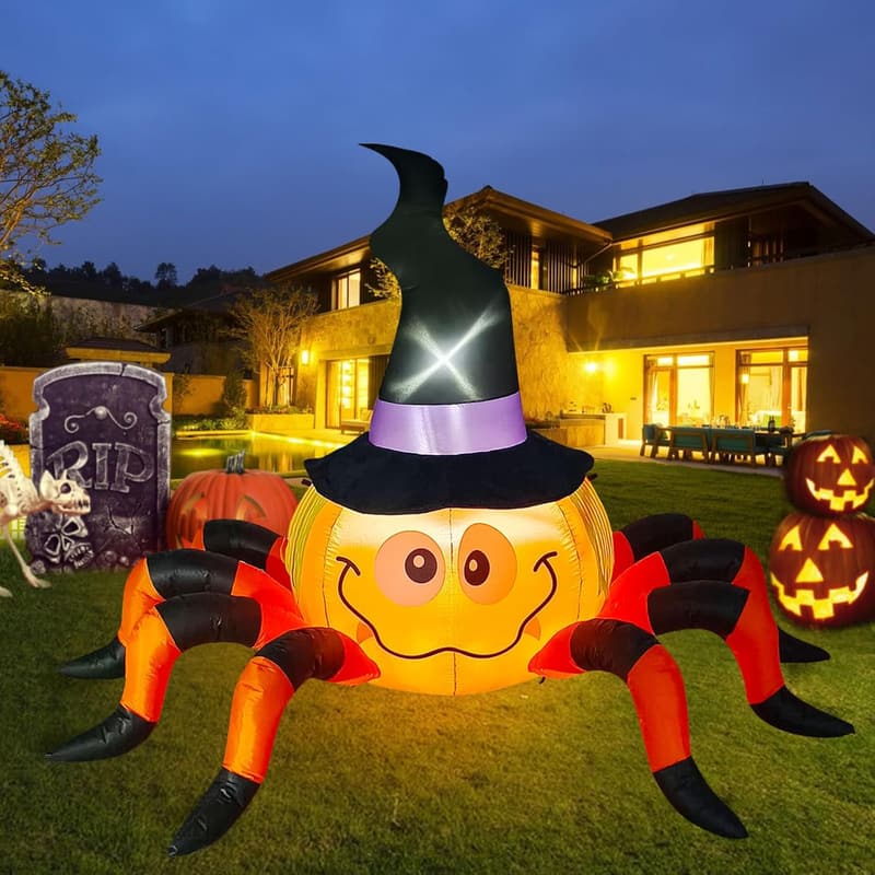 Aufblasbare Halloween-Deko: Kürbis-Spinne mit Hexenhut, 6,5 FT