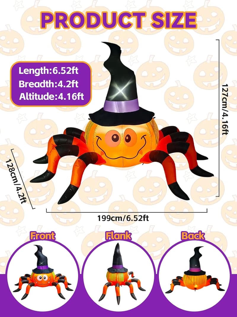 Aufblasbare Halloween-Deko: Kürbis-Spinne mit Hexenhut, 6,5 FT