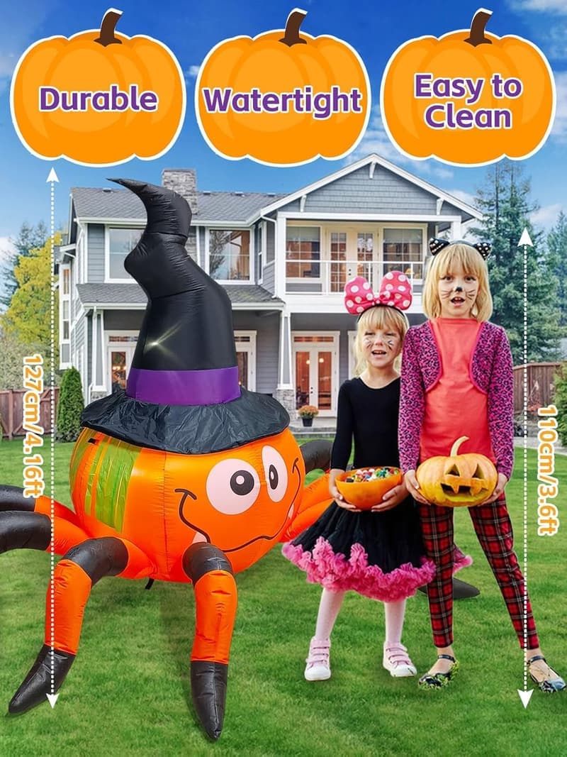 Aufblasbare Halloween-Deko: Kürbis-Spinne mit Hexenhut, 6,5 FT