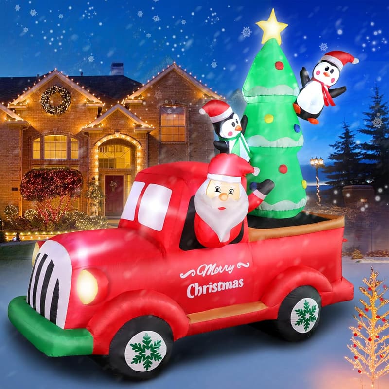 Aufblasbarer Weihnachtsmann mit Kleinwagen und Weihnachtsbaum – 210 cm dekoren für Garten und Innenräume