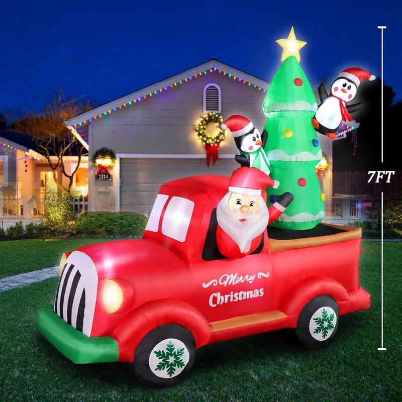 Aufblasbarer Weihnachtsmann mit Kleinwagen und Weihnachtsbaum – 210 cm dekoren für Garten und Innenräume
