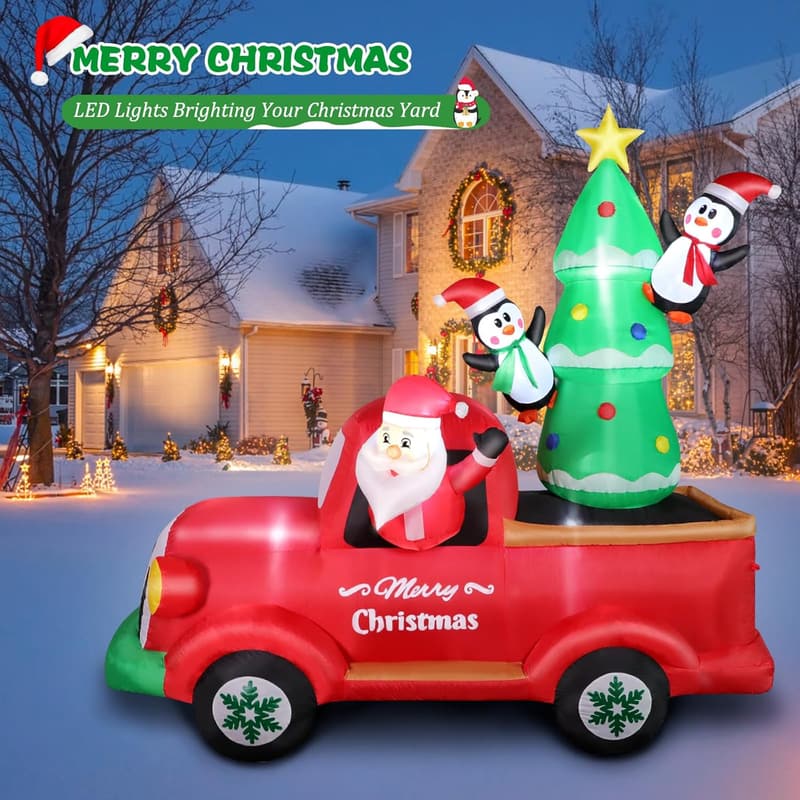 Aufblasbarer Weihnachtsmann mit Kleinwagen und Weihnachtsbaum – 210 cm dekoren für Garten und Innenräume