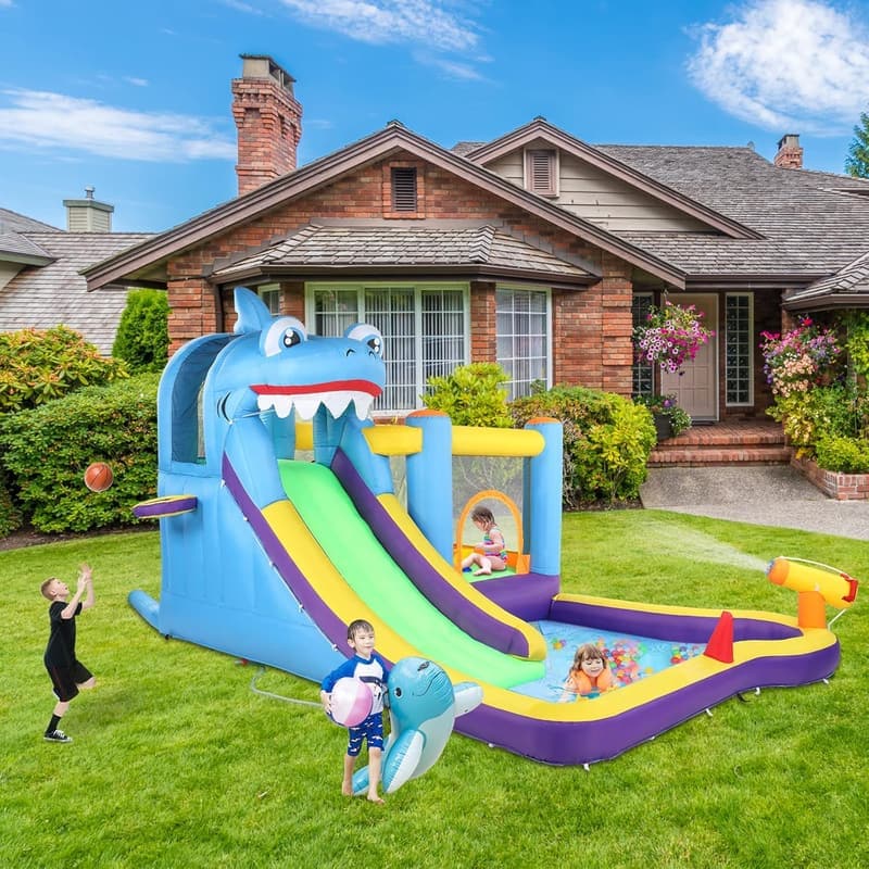Aufblasbare Hai-Themen-Hüpfburg mit Rutsche und Trampolin für 3-10-Jährige, 380x260x240 cm